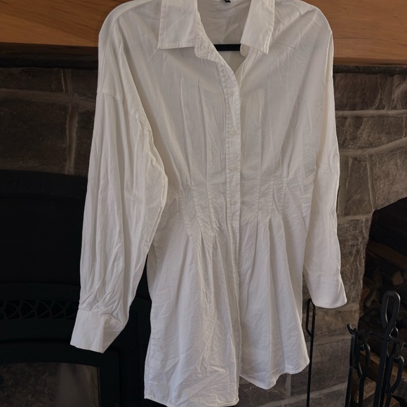 White Cotton Button-Up Dress with Pleated Waist - Picture 1 of 4